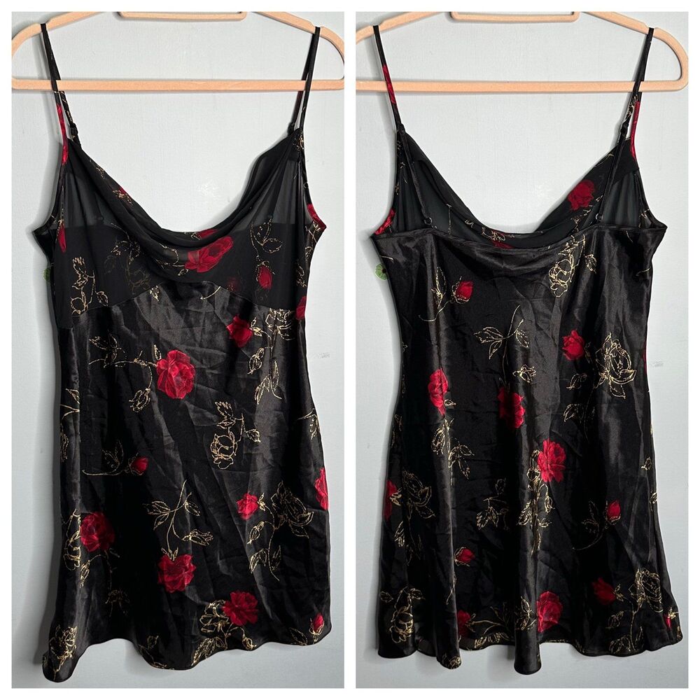 Vintage Y2K Black Satin Red Rose Print Chiffon Crumb Catcher Slip Dress Large